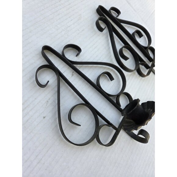 Pair Vintage Black Gothic Metal Wrought Iron Candle Holder Wall Sconces Set Of 2 - Picture 4 of 11